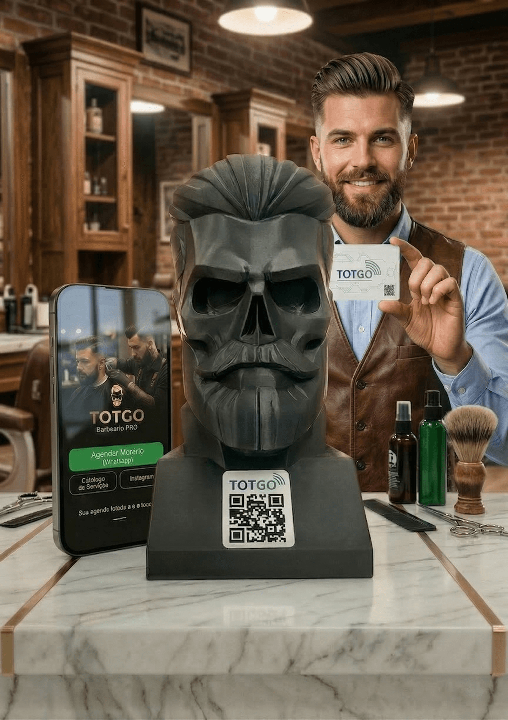 Totem 3D caveira em uso numa barbearia